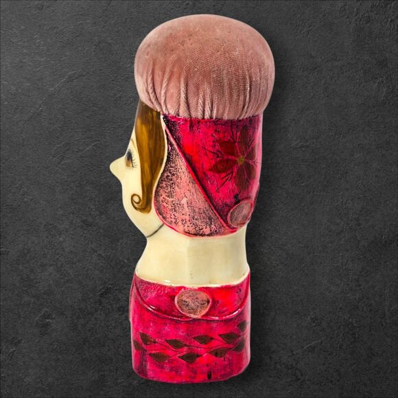 Vintage Papier-Mâché Lady Head Pin Cushion, Gemma Taccogna Style, 8" Pink MCM - Picture 3 of 12